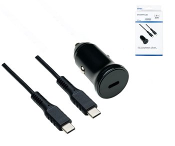 USB KFZ 20W C Schnellladegerät inkl. C Kabel, USB KFZ Lader, C auf C Ladekabel, schwarz, DINIC Box mit Euroloch, 1,50m